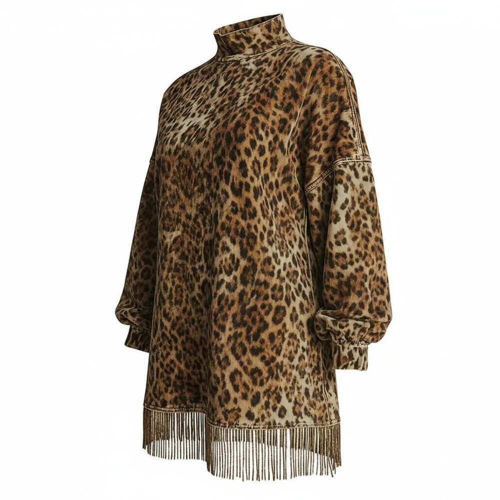 Ursime Mini Dress Party Leopard Print High Neck Lantern Sleeve Pocket Fringe Hem
